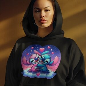 Gildan Black Lilo And Stitch Hoodie with Colorful Cartoon Design